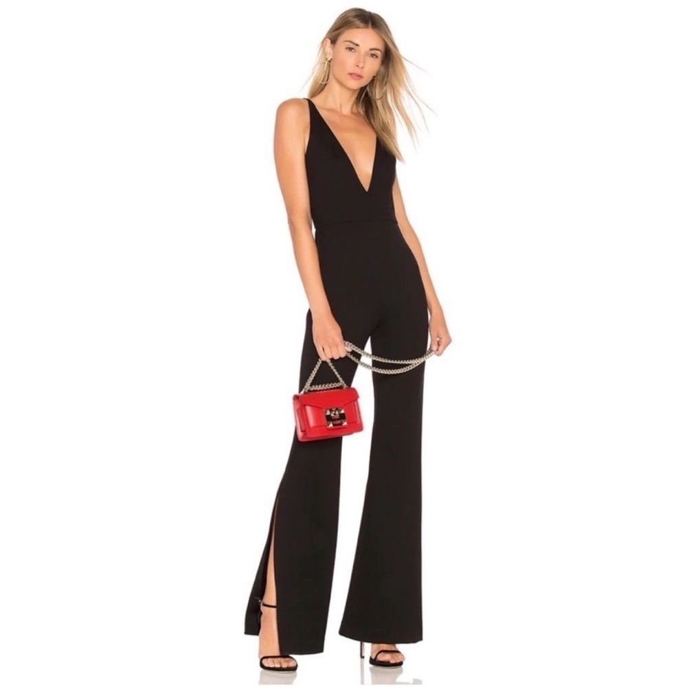 Amanda Uprichard Black Norwood Jumpsuit Deep V neck Split Hem Pants Small